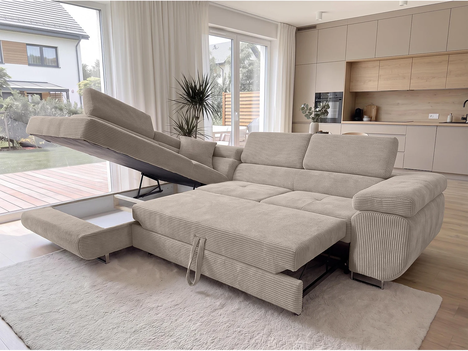 AX LIVING Konak Canapé d’angle convertible gauche en velours côtelé beige, 276 cm, coffre de rangement et têtières