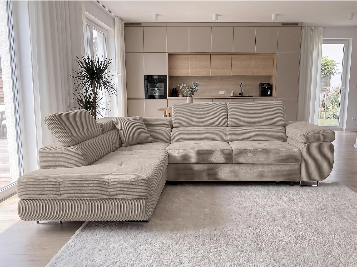 AX LIVING Konak Canapé d’angle convertible gauche en velours côtelé beige, 276 cm, coffre de rangement et têtières