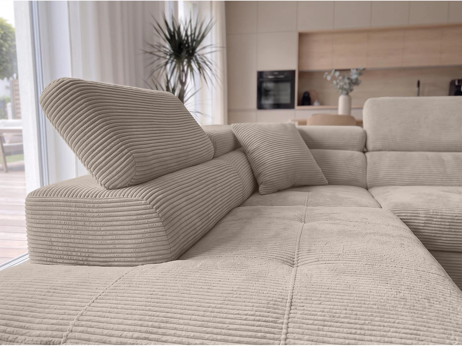 AX LIVING Konak Canapé d’angle convertible gauche en velours côtelé beige, 276 cm, coffre de rangement et têtières