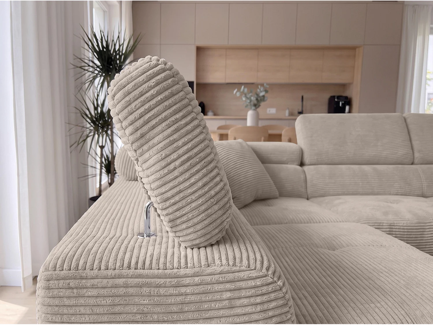 AX LIVING Konak Canapé d’angle convertible gauche en velours côtelé beige, 276 cm, coffre de rangement et têtières