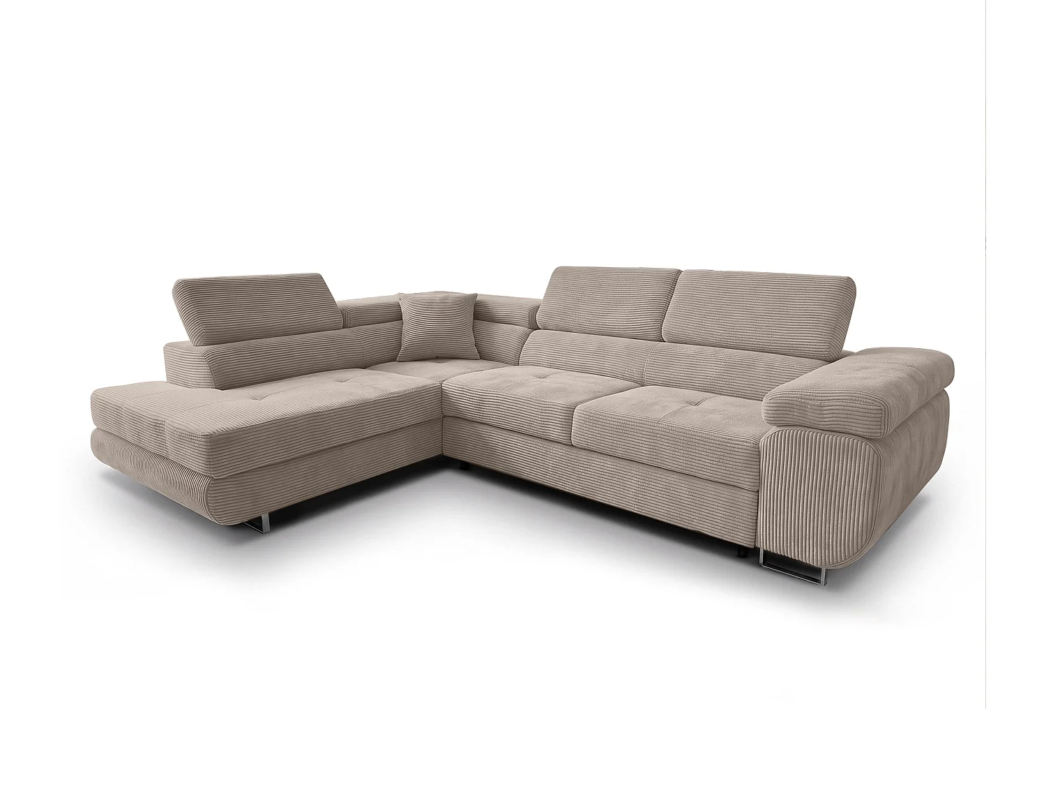 AX LIVING Konak Canapé d’angle convertible gauche en velours côtelé beige, 276 cm, coffre de rangement et têtières
