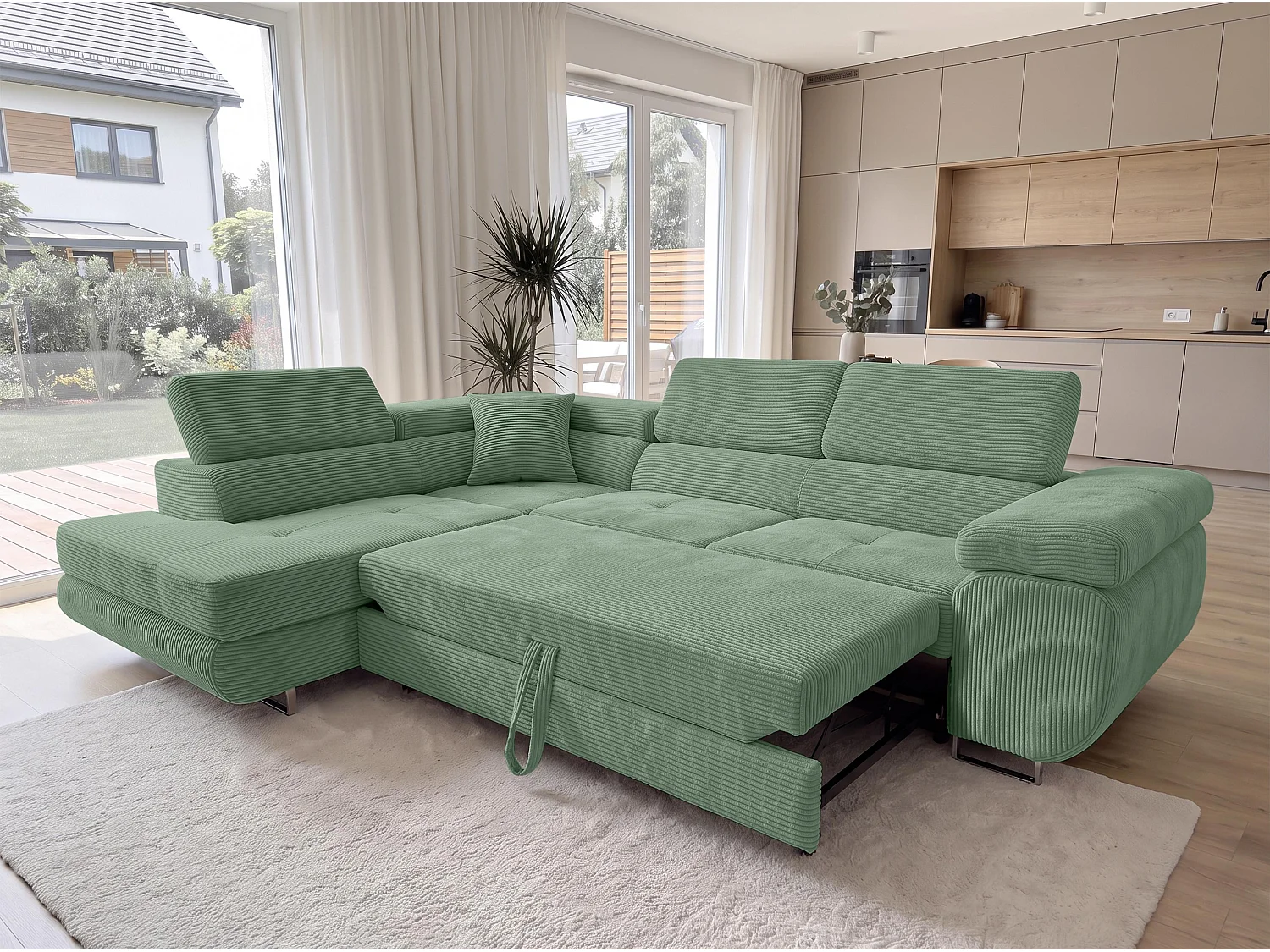 AX LIVING Konak hoekbank met slaapfunctie links van ribfluweel in saliegroen, 276 cm breed, slaapfunctie en opbergruimte