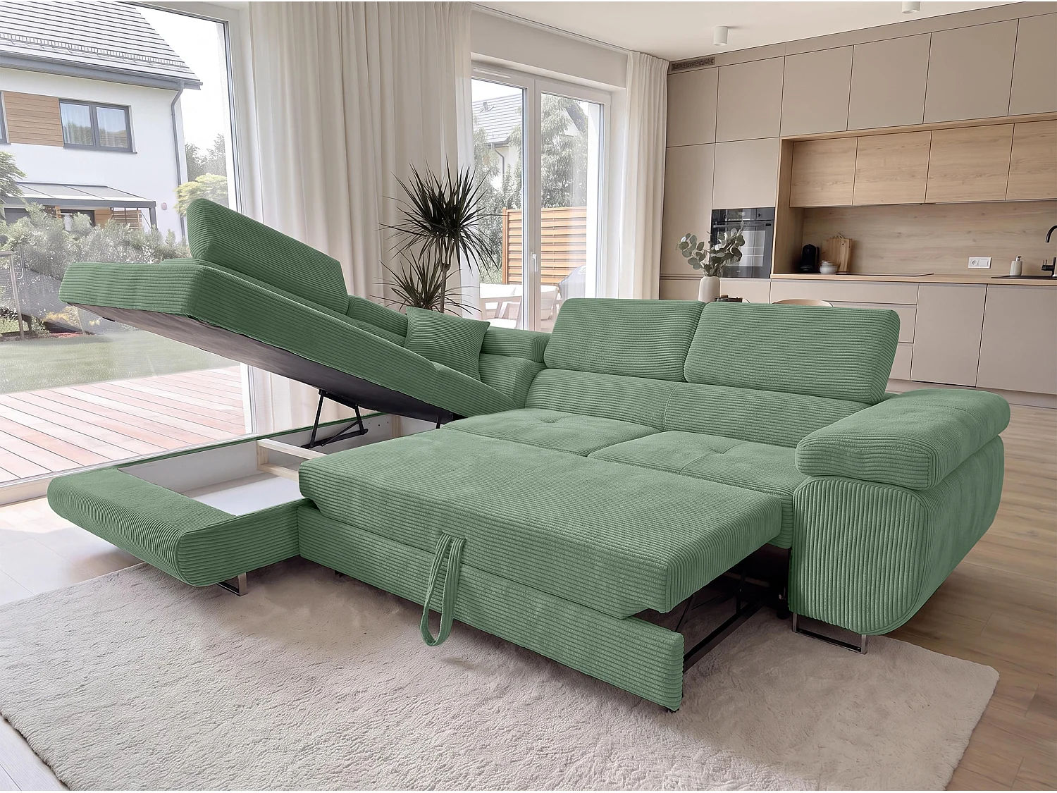 AX LIVING Konak hoekbank met slaapfunctie links van ribfluweel in saliegroen, 276 cm breed, slaapfunctie en opbergruimte