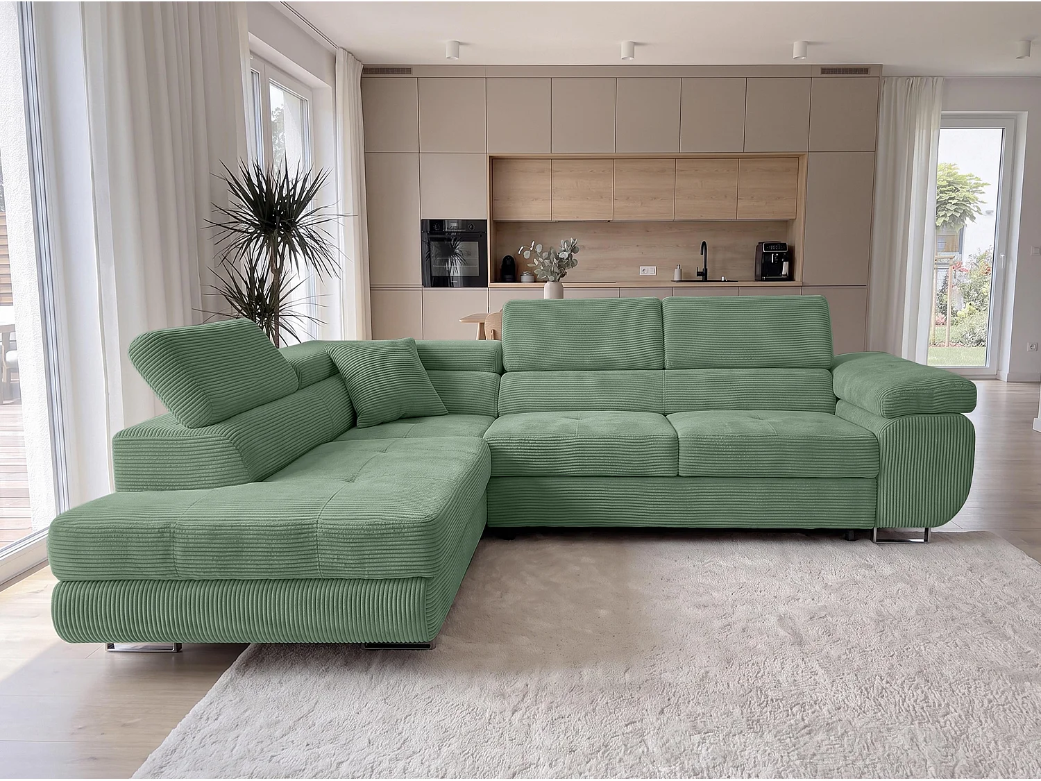 AX LIVING Konak hoekbank met slaapfunctie links van ribfluweel in saliegroen, 276 cm breed, slaapfunctie en opbergruimte