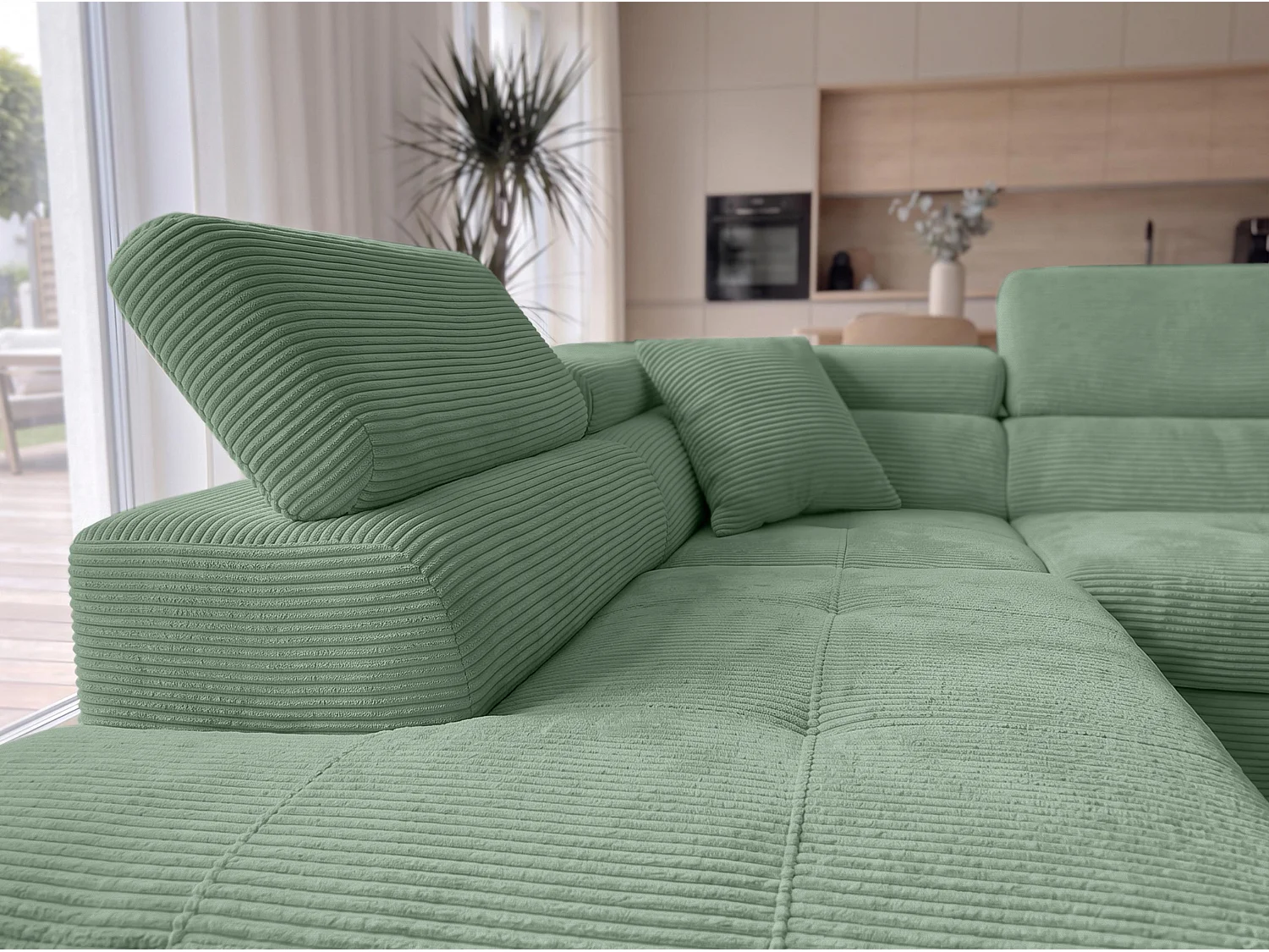 AX LIVING Konak hoekbank met slaapfunctie links van ribfluweel in saliegroen, 276 cm breed, slaapfunctie en opbergruimte