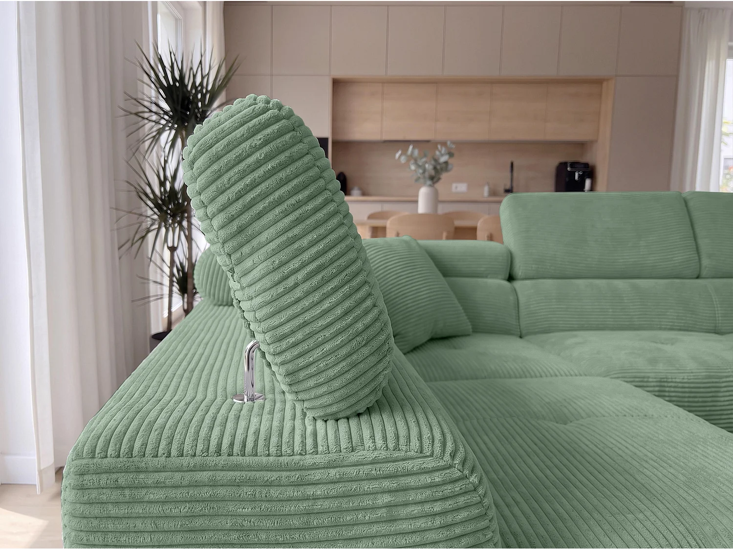 AX LIVING Konak hoekbank met slaapfunctie links van ribfluweel in saliegroen, 276 cm breed, slaapfunctie en opbergruimte