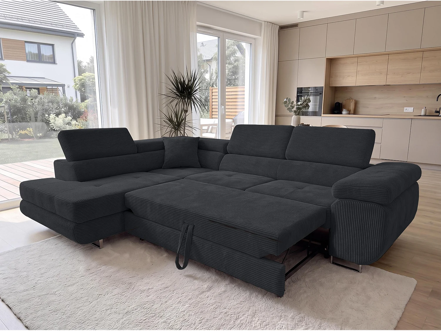AX LIVING Konak hoekbank met slaapfunctie links van ribfluweel in zwart, 276 cm breed, opbergruimte en hoofdsteunen