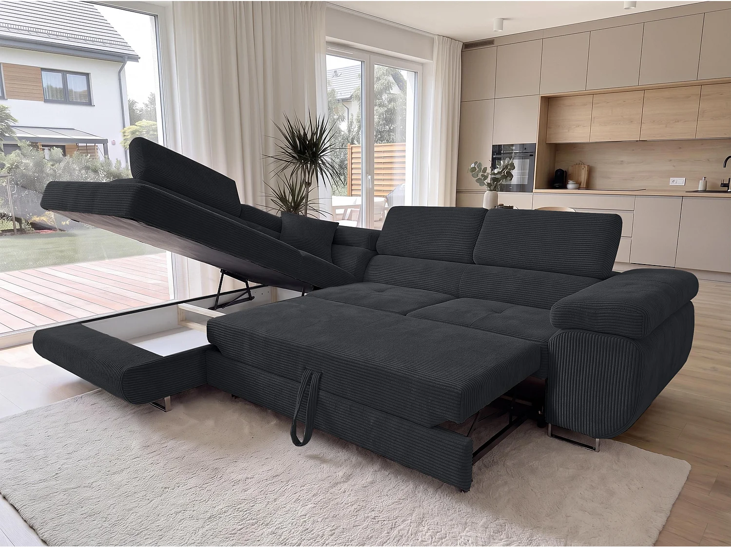 AX LIVING Konak hoekbank met slaapfunctie links van ribfluweel in zwart, 276 cm breed, opbergruimte en hoofdsteunen