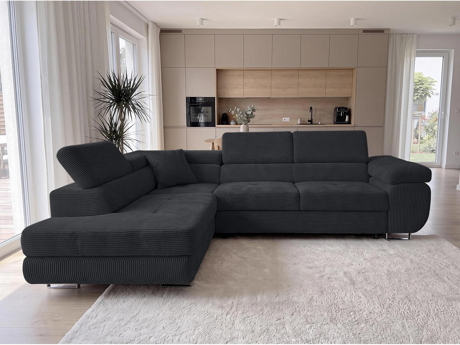AX LIVING Konak hoekbank met slaapfunctie links van ribfluweel in zwart, 276 cm breed, opbergruimte en hoofdsteunen