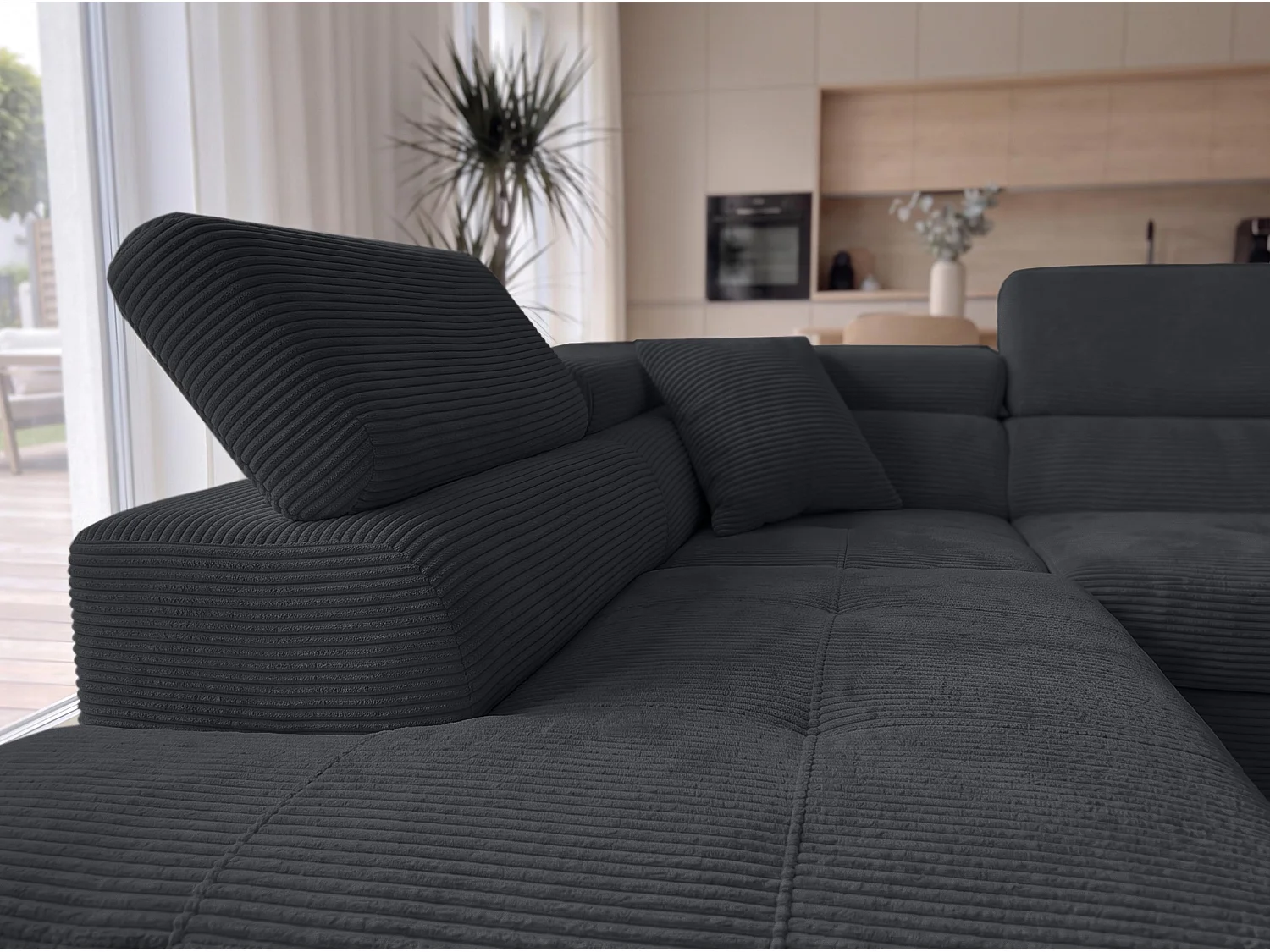 AX LIVING Konak hoekbank met slaapfunctie links van ribfluweel in zwart, 276 cm breed, opbergruimte en hoofdsteunen