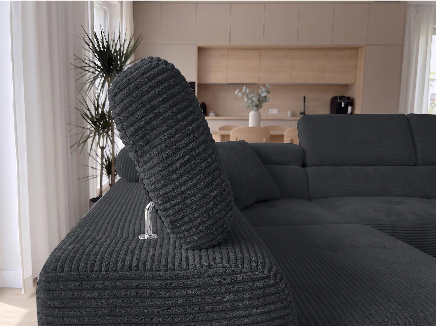 AX LIVING Konak hoekbank met slaapfunctie links van ribfluweel in zwart, 276 cm breed, opbergruimte en hoofdsteunen
