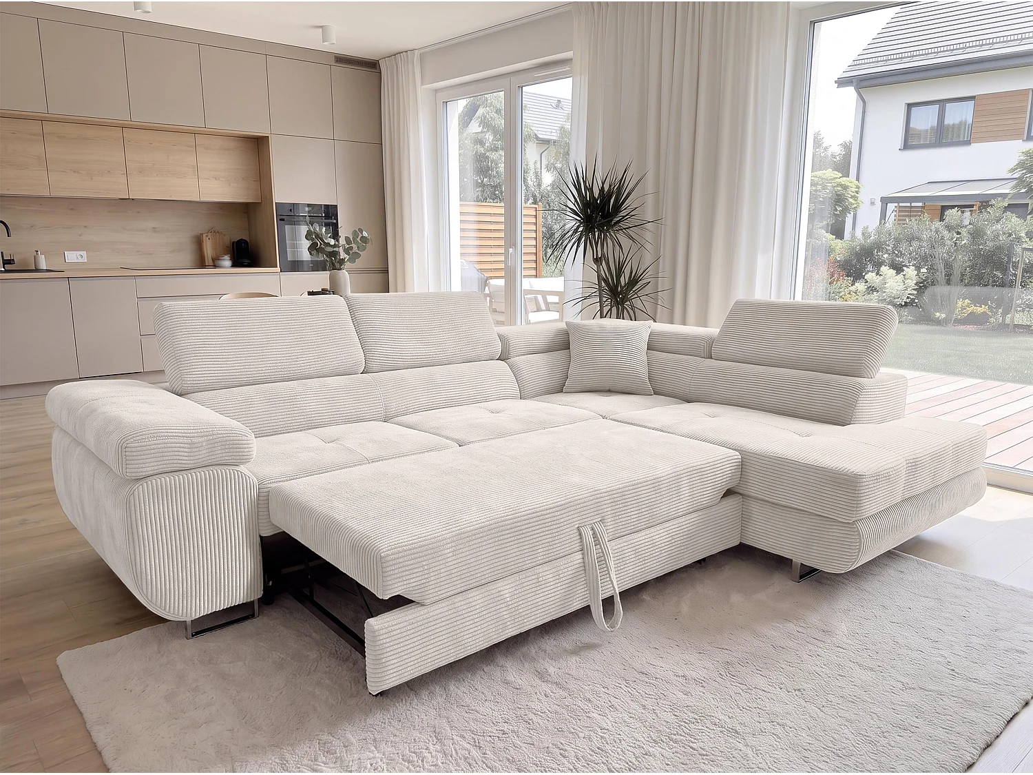 AX LIVING Konak Canapé d’angle convertible droit en velours côtelé blanc crème, 276 cm, coffre de rangement et têtières