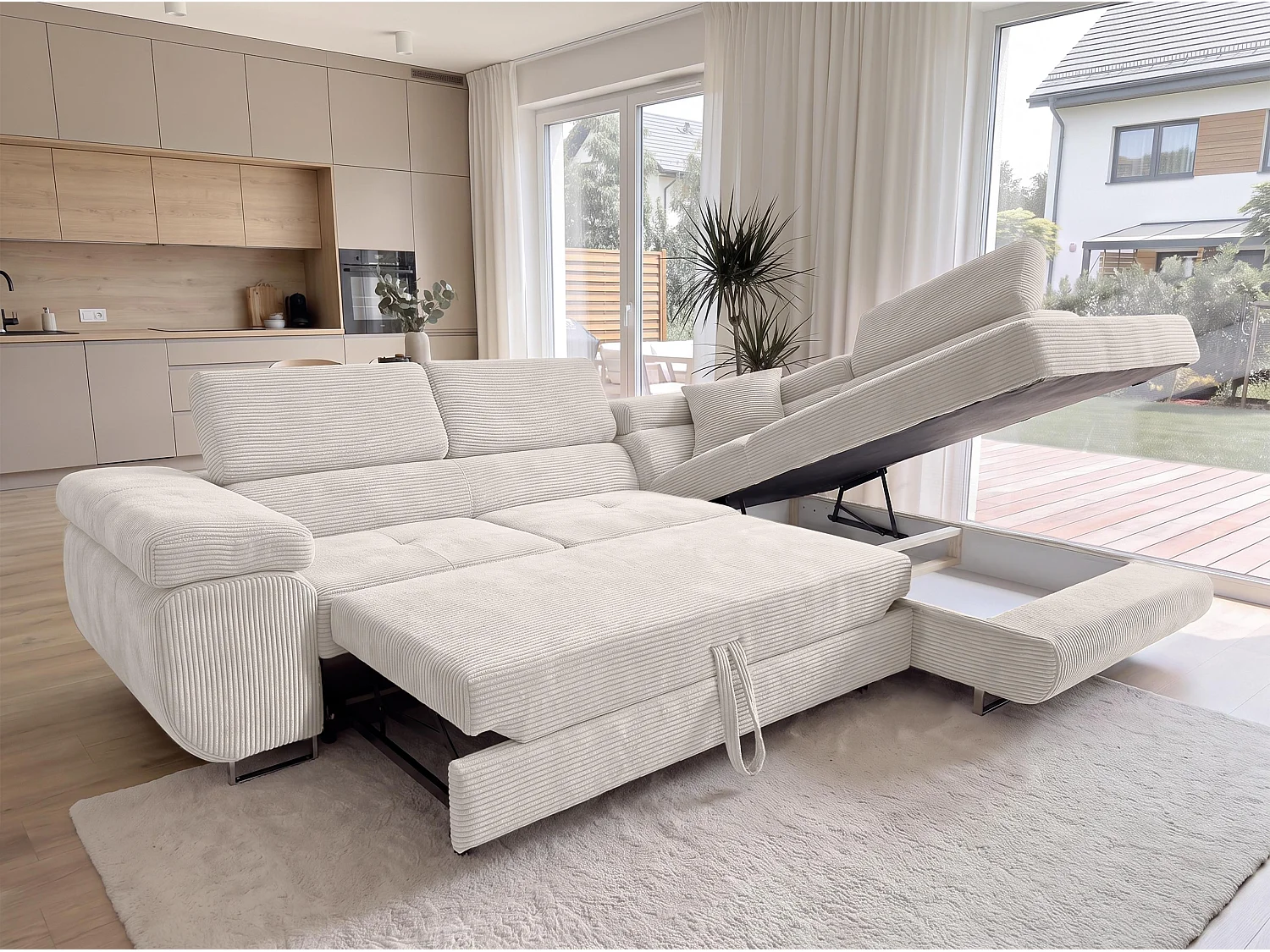 AX LIVING Konak Canapé d’angle convertible droit en velours côtelé blanc crème, 276 cm, coffre de rangement et têtières