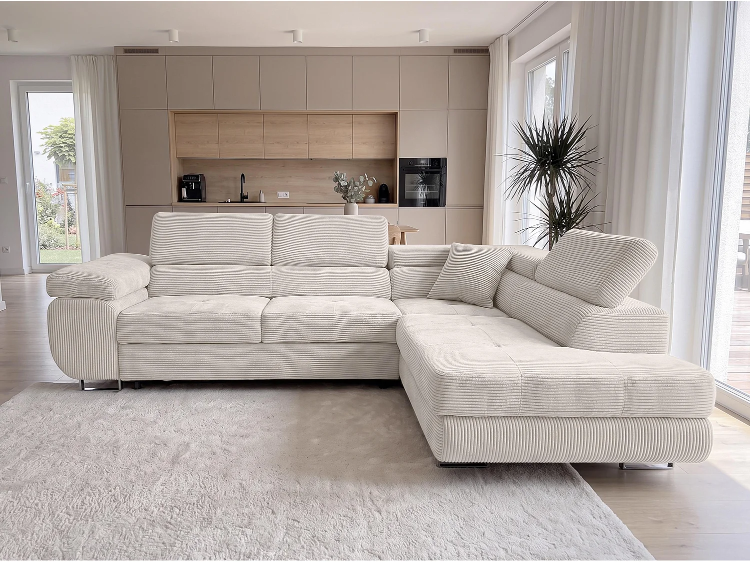 AX LIVING Konak Canapé d’angle convertible droit en velours côtelé blanc crème, 276 cm, coffre de rangement et têtières