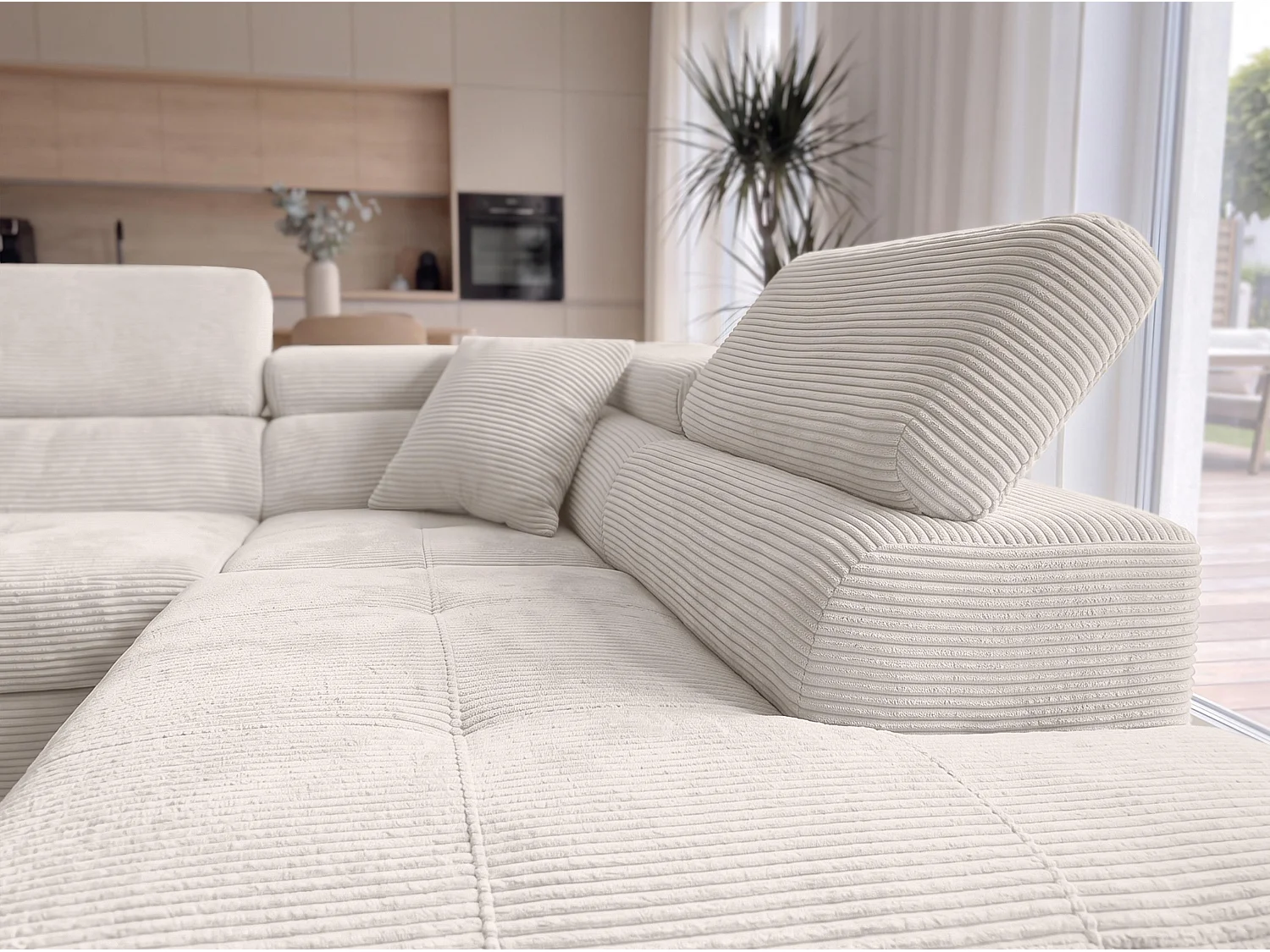 AX LIVING Konak Canapé d’angle convertible droit en velours côtelé blanc crème, 276 cm, coffre de rangement et têtières