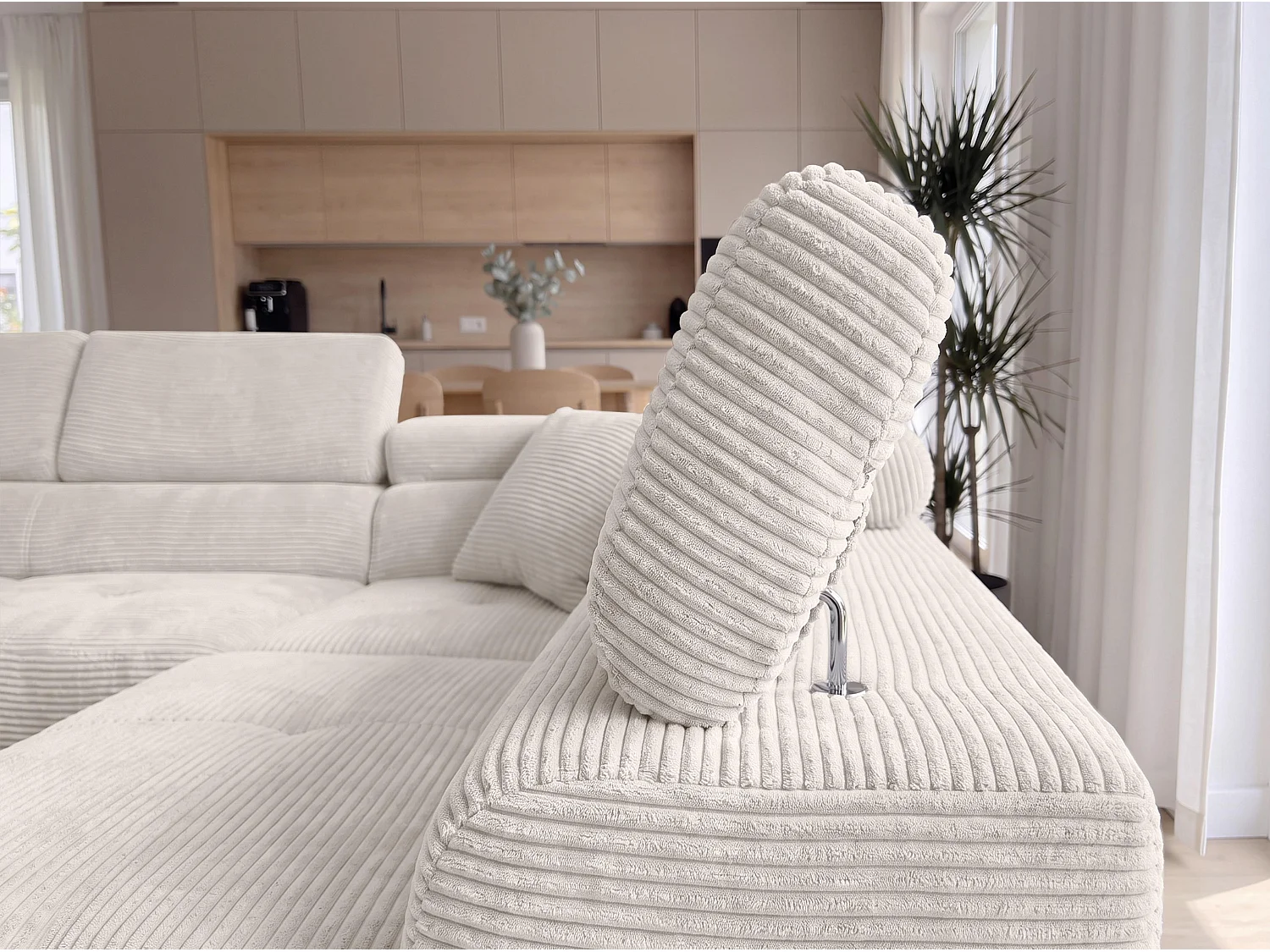 AX LIVING Konak Canapé d’angle convertible droit en velours côtelé blanc crème, 276 cm, coffre de rangement et têtières