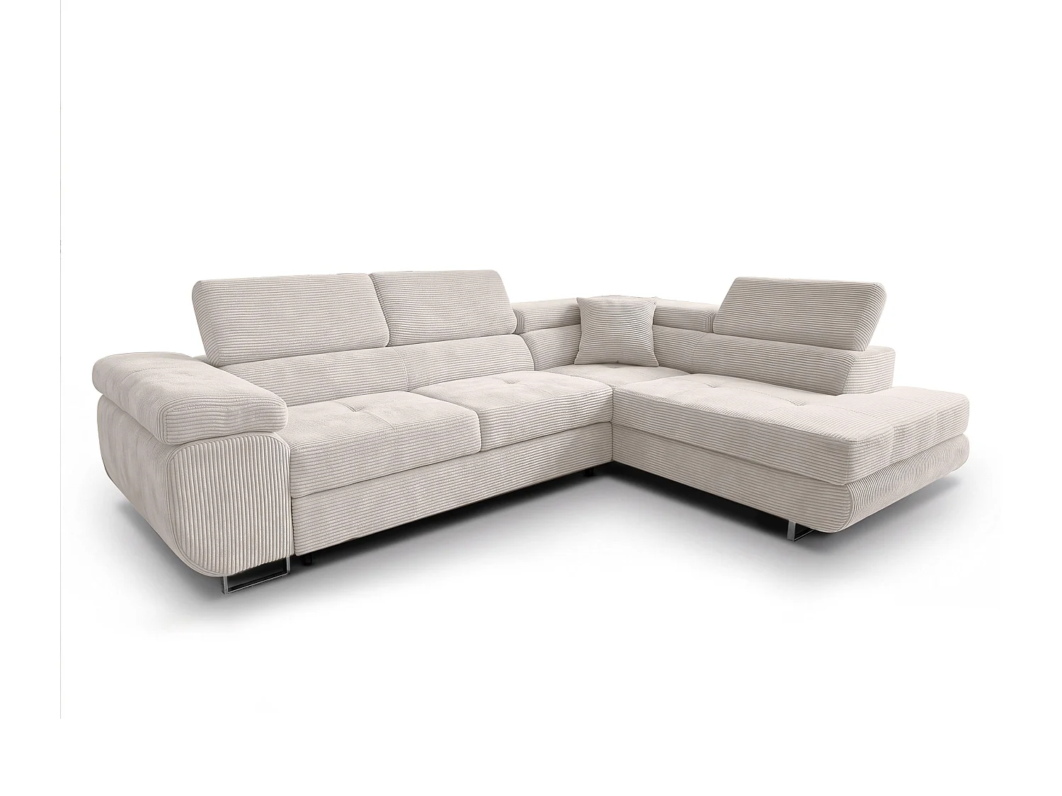 AX LIVING Konak Canapé d’angle convertible droit en velours côtelé blanc crème, 276 cm, coffre de rangement et têtières