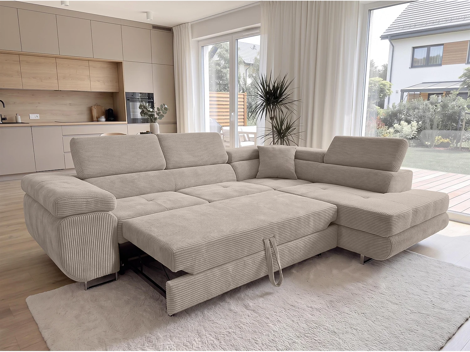 AX LIVING Konak hoekbank met slaapfunctie rechts van ribfluweel in beige, 276 cm breed, opbergruimte en hoofdsteunen