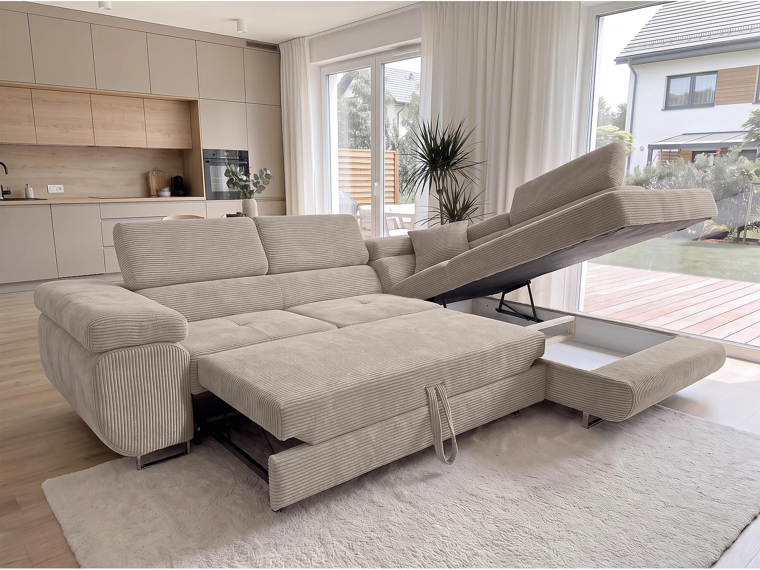 AX LIVING Konak hoekbank met slaapfunctie rechts van ribfluweel in beige, 276 cm breed, opbergruimte en hoofdsteunen