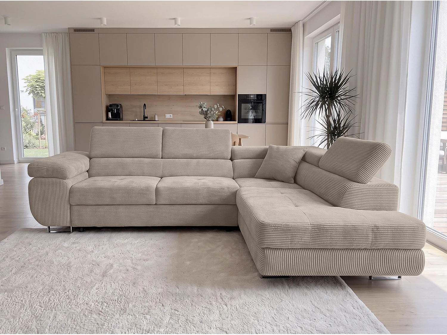 AX LIVING Konak hoekbank met slaapfunctie rechts van ribfluweel in beige, 276 cm breed, opbergruimte en hoofdsteunen