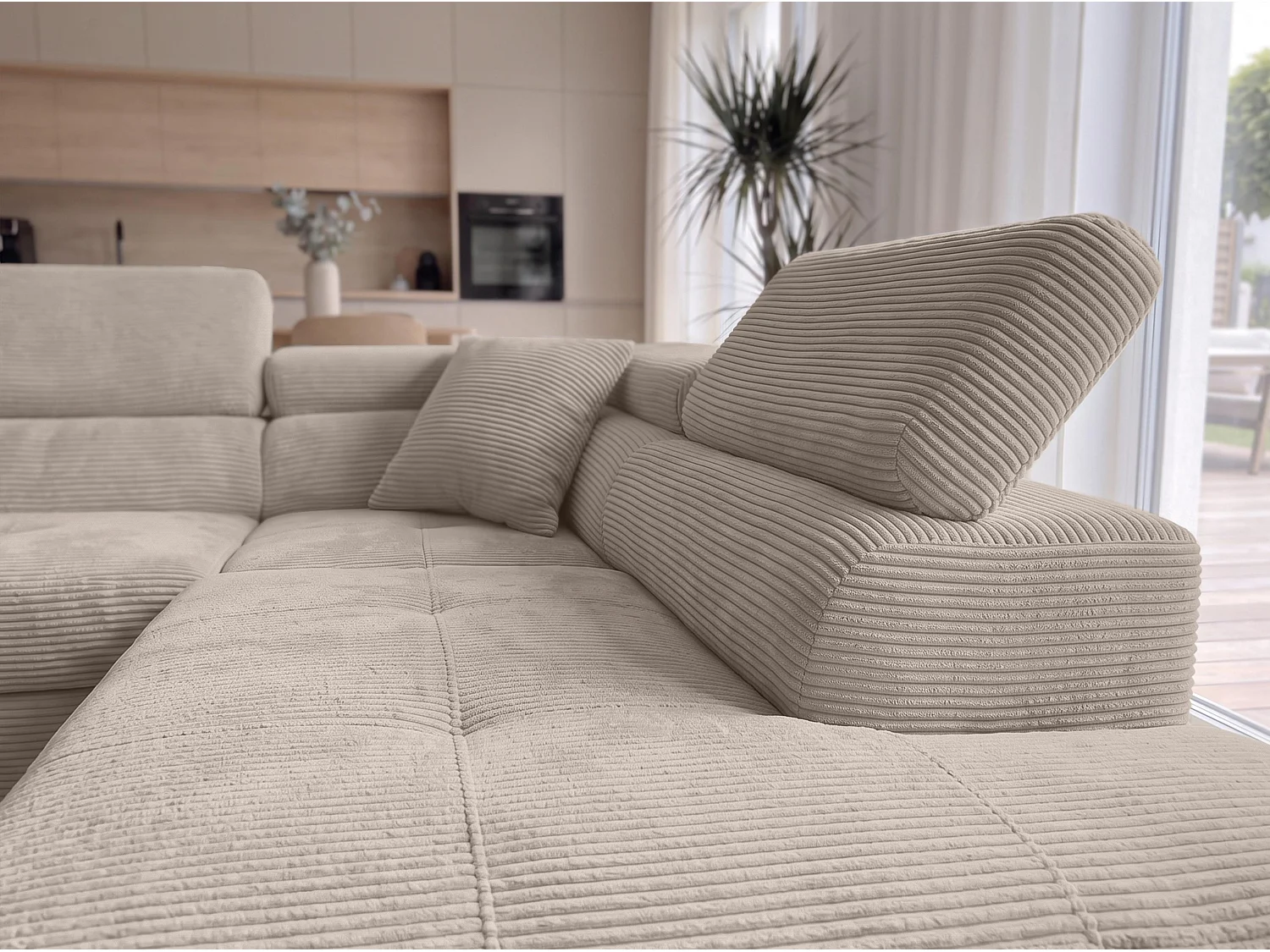 AX LIVING Konak hoekbank met slaapfunctie rechts van ribfluweel in beige, 276 cm breed, opbergruimte en hoofdsteunen