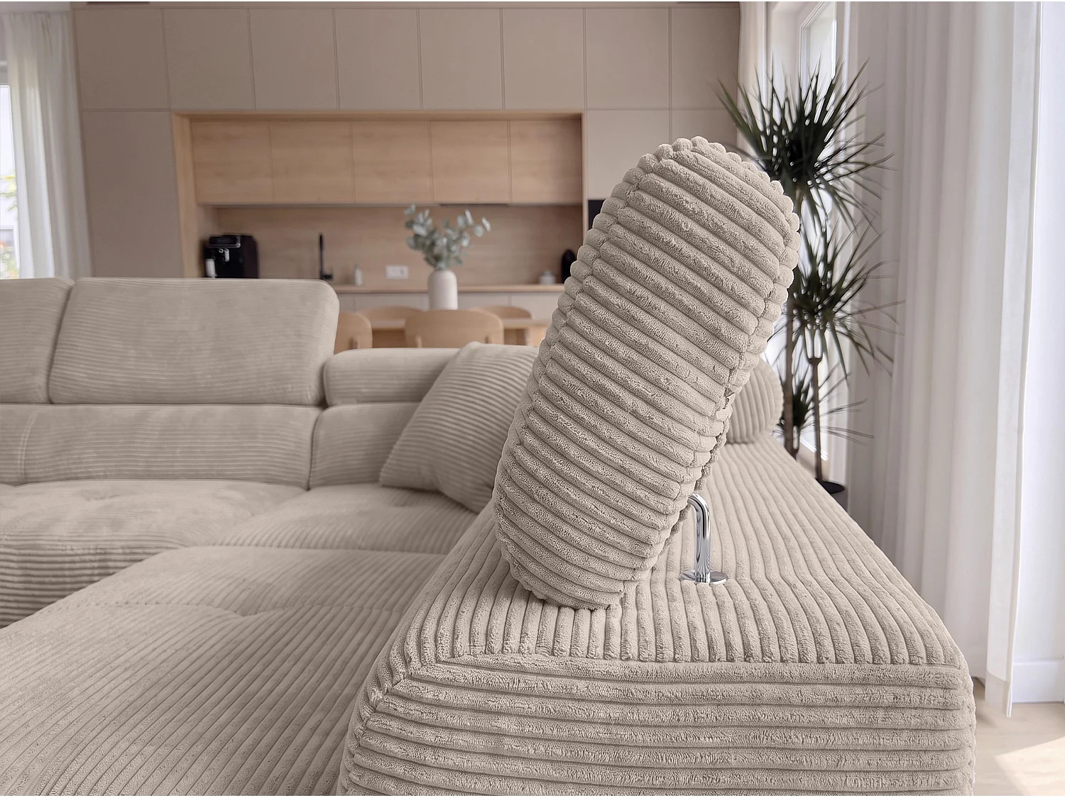 AX LIVING Konak hoekbank met slaapfunctie rechts van ribfluweel in beige, 276 cm breed, opbergruimte en hoofdsteunen
