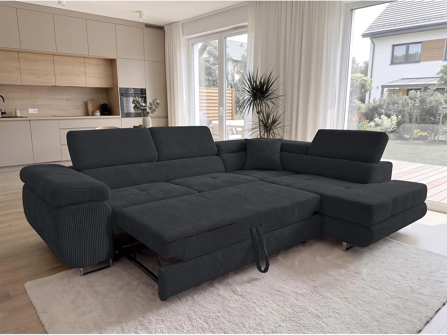 AX LIVING Konak hoekbank met slaapfunctie rechts van ribfluweel in zwart, 276 cm breed, opbergruimte en hoofdsteunen