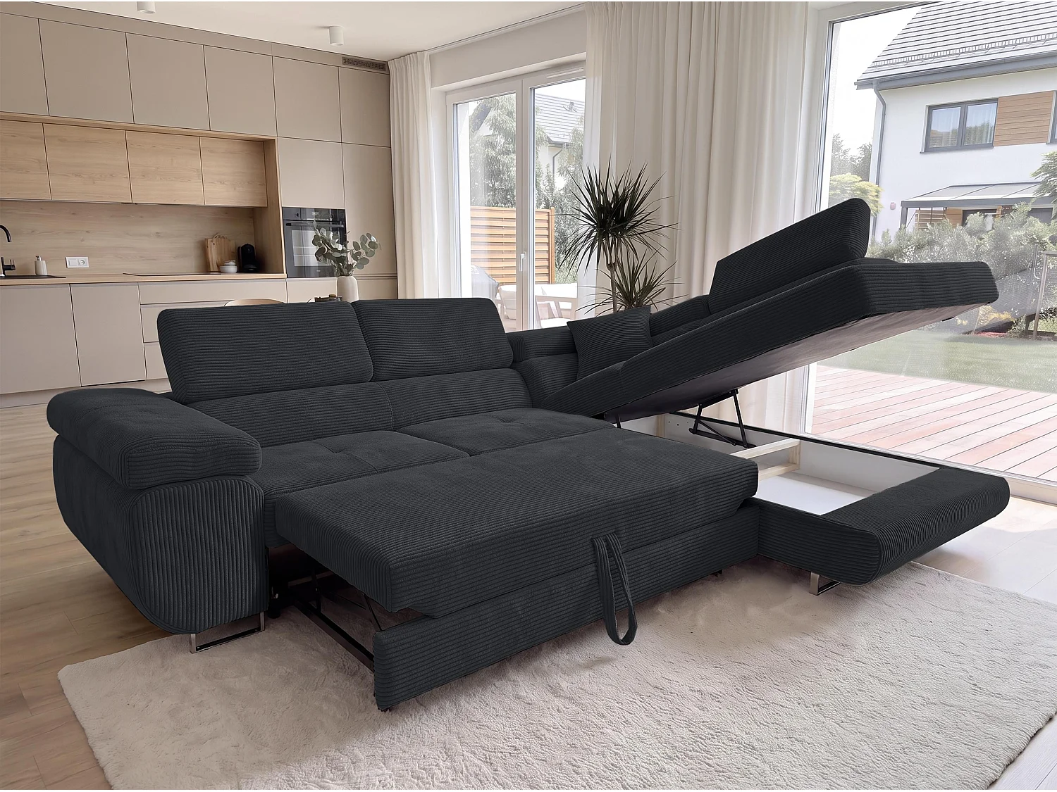 AX LIVING Konak hoekbank met slaapfunctie rechts van ribfluweel in zwart, 276 cm breed, opbergruimte en hoofdsteunen