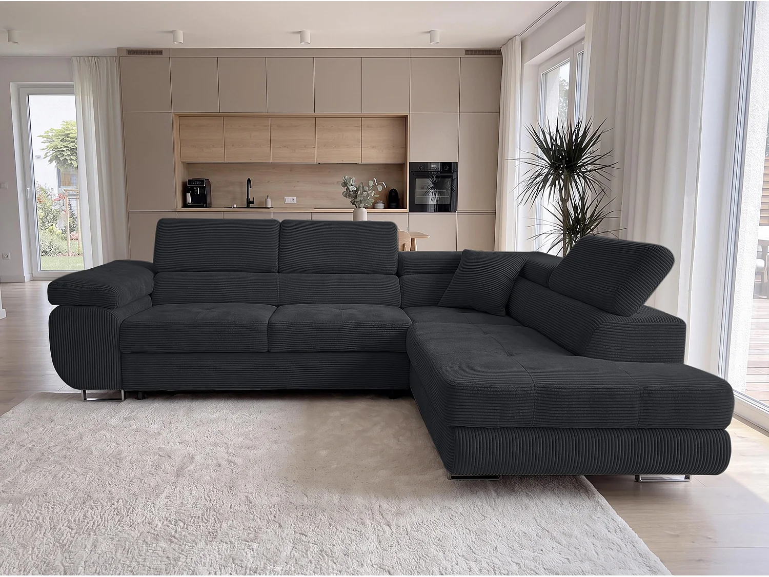 AX LIVING Konak hoekbank met slaapfunctie rechts van ribfluweel in zwart, 276 cm breed, opbergruimte en hoofdsteunen