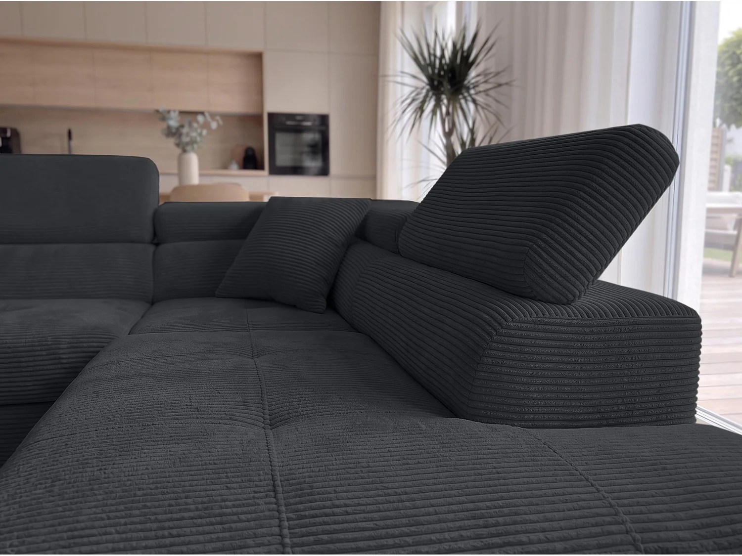 AX LIVING Konak hoekbank met slaapfunctie rechts van ribfluweel in zwart, 276 cm breed, opbergruimte en hoofdsteunen