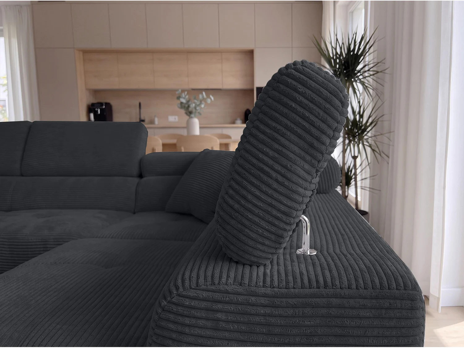 AX LIVING Konak hoekbank met slaapfunctie rechts van ribfluweel in zwart, 276 cm breed, opbergruimte en hoofdsteunen