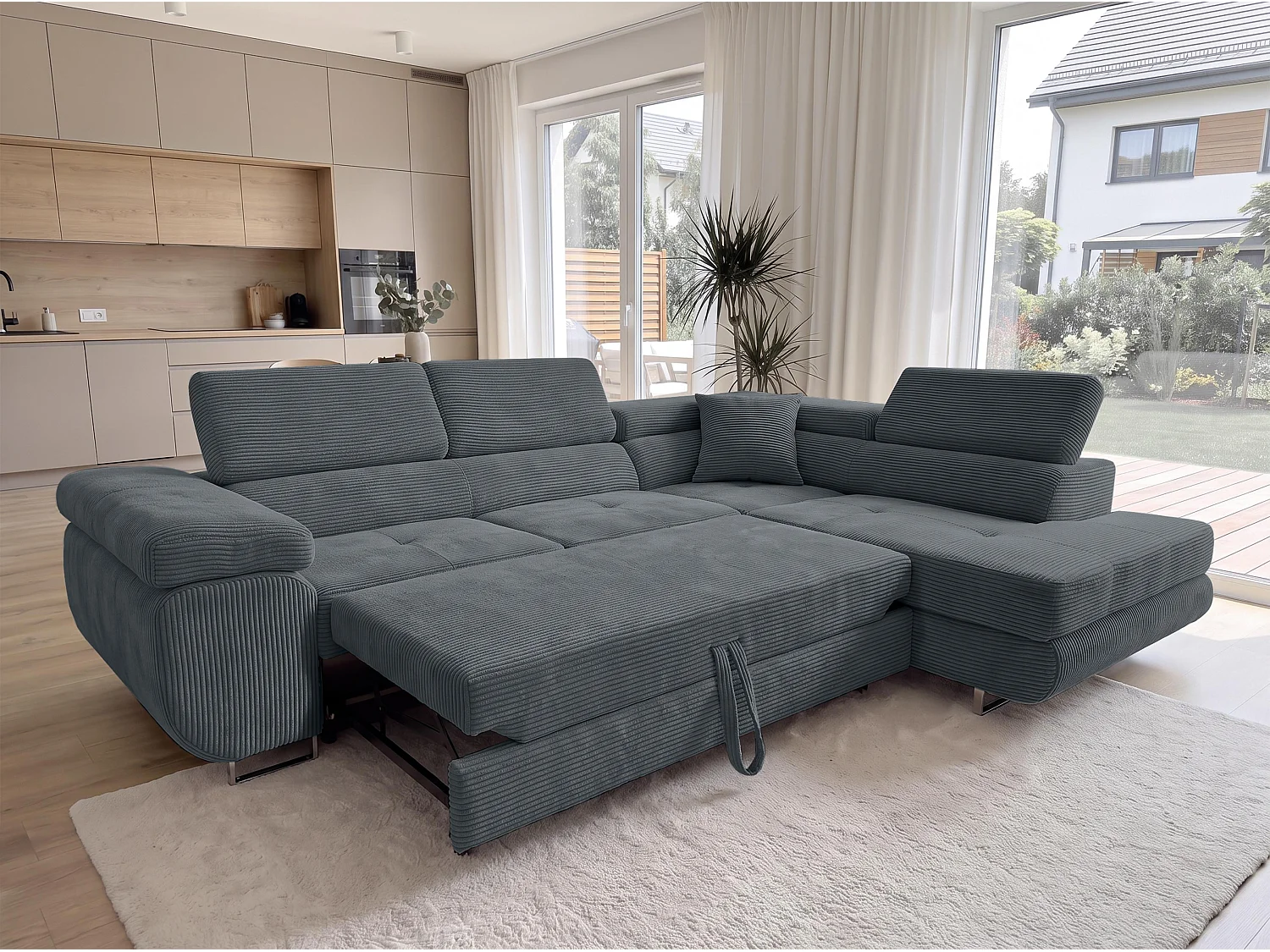 AX LIVING Konak hoekbank met slaapfunctie rechts van ribfluweel in donkergrijs, 276 cm breed, opbergruimte en hoofdsteunen