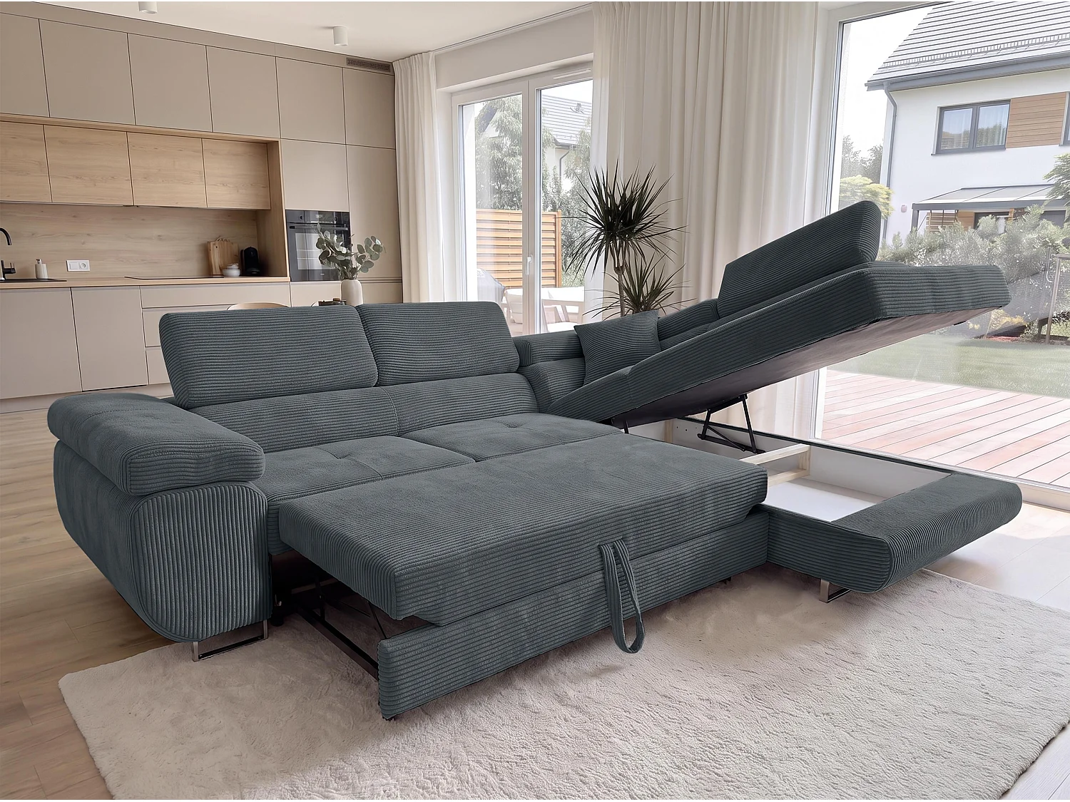 AX LIVING Konak hoekbank met slaapfunctie rechts van ribfluweel in donkergrijs, 276 cm breed, opbergruimte en hoofdsteunen
