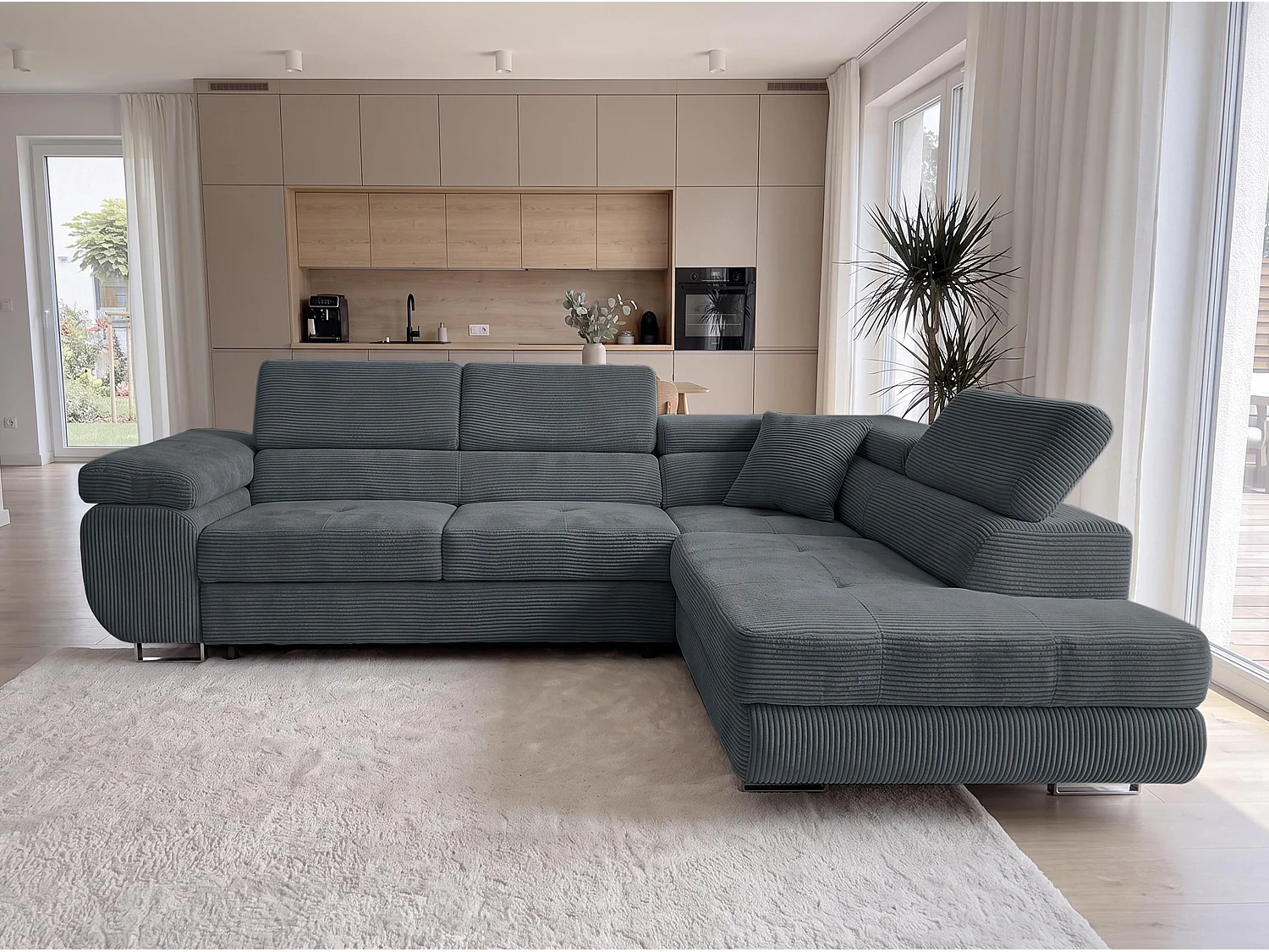 AX LIVING Konak hoekbank met slaapfunctie rechts van ribfluweel in donkergrijs, 276 cm breed, opbergruimte en hoofdsteunen