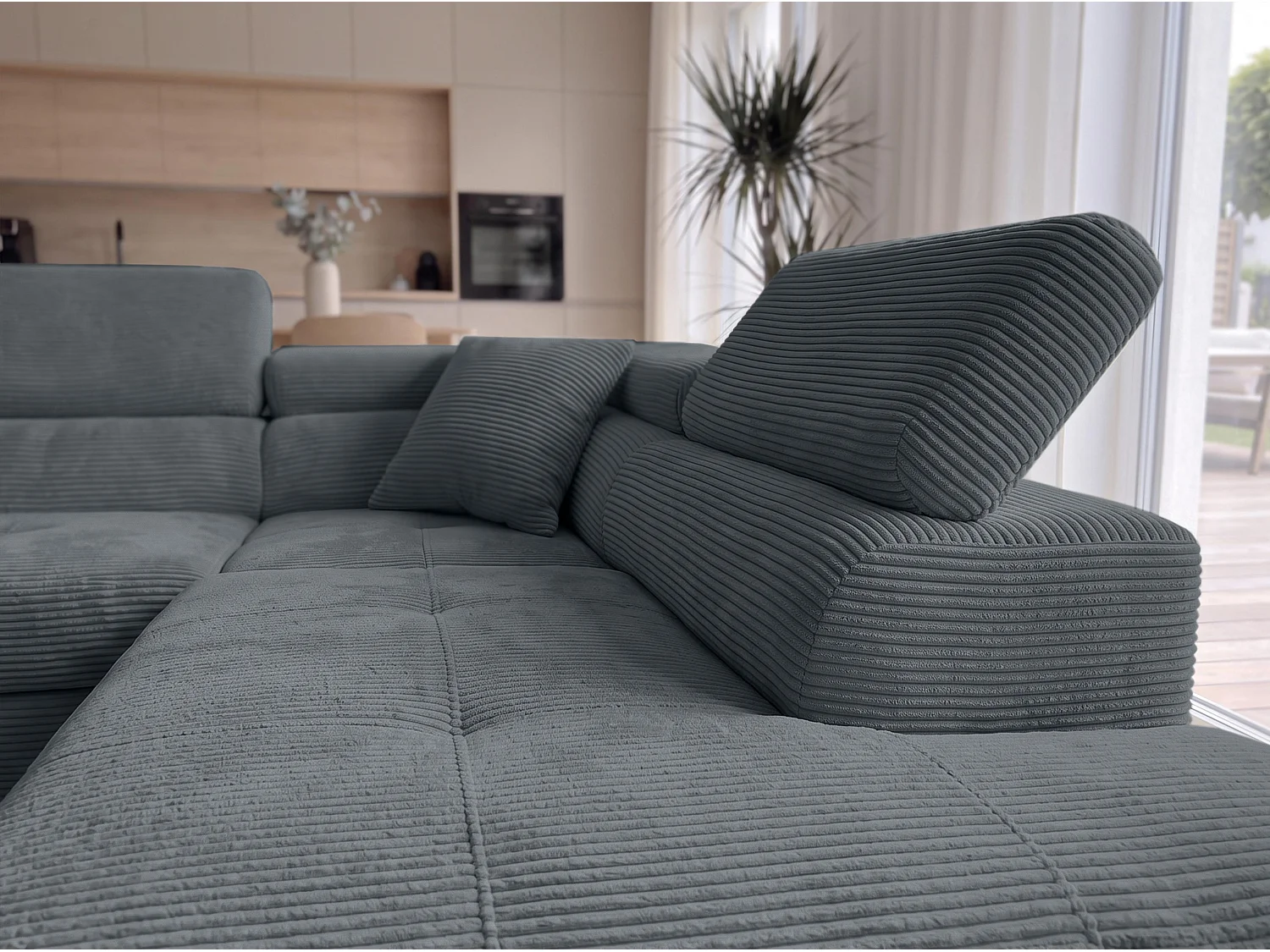 AX LIVING Konak hoekbank met slaapfunctie rechts van ribfluweel in donkergrijs, 276 cm breed, opbergruimte en hoofdsteunen
