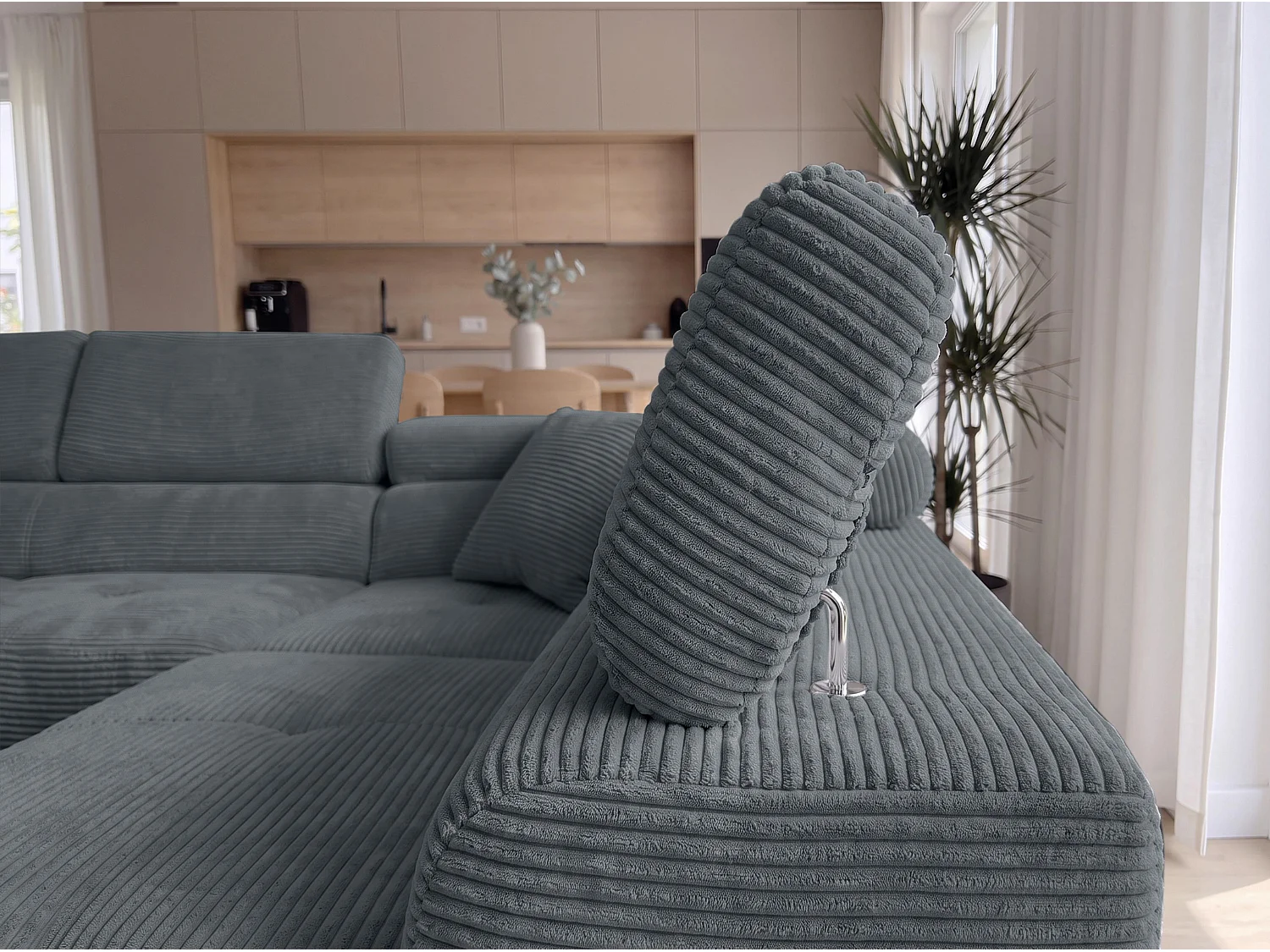AX LIVING Konak hoekbank met slaapfunctie rechts van ribfluweel in donkergrijs, 276 cm breed, opbergruimte en hoofdsteunen