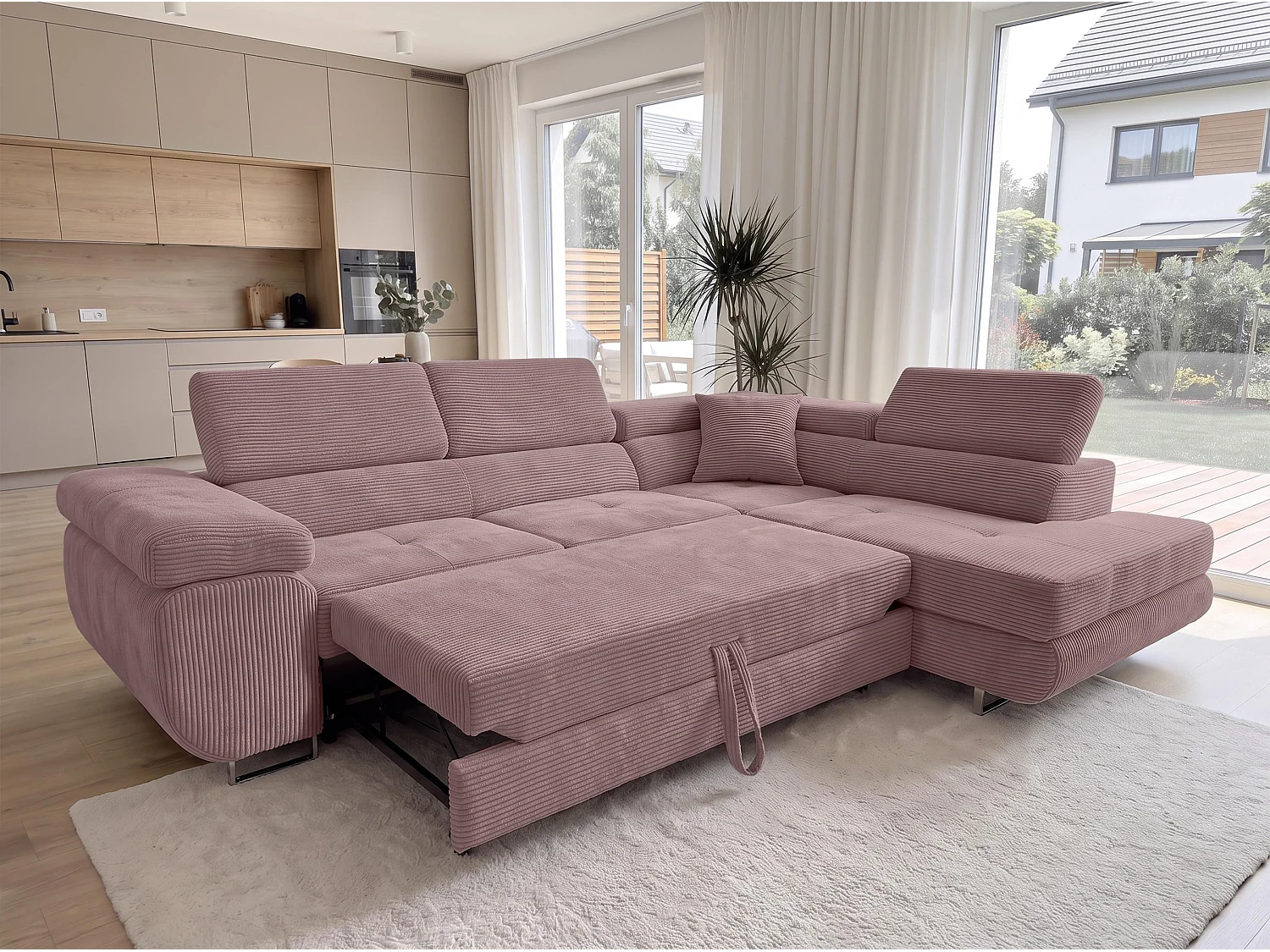 AX LIVING Konak Canapé d’angle convertible droit en velours côtelé rose, 276 cm, coffre de rangement et têtières