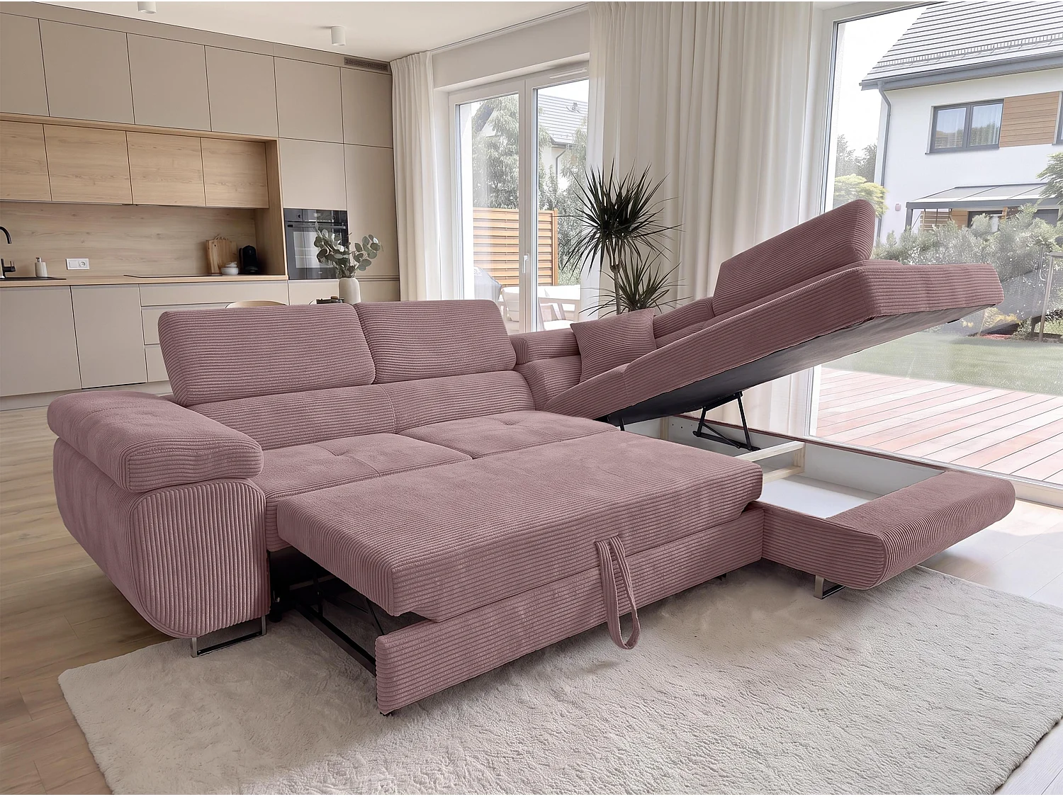 AX LIVING Konak Canapé d’angle convertible droit en velours côtelé rose, 276 cm, coffre de rangement et têtières