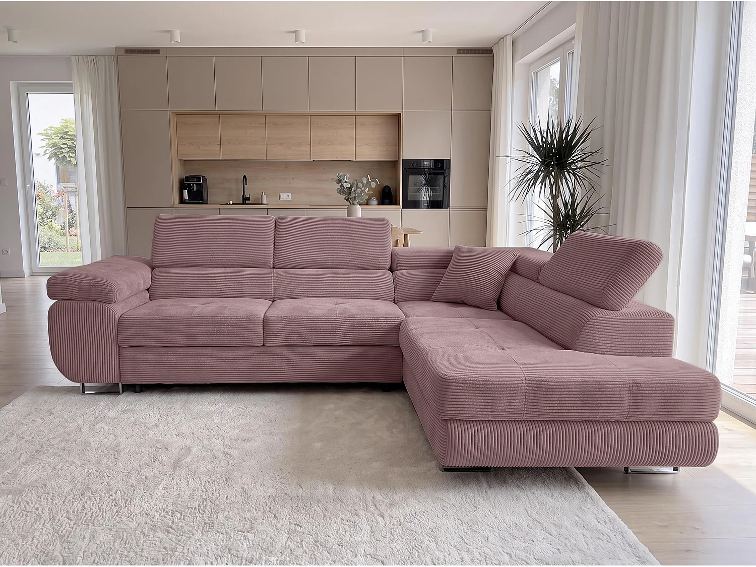 AX LIVING Konak Canapé d’angle convertible droit en velours côtelé rose, 276 cm, coffre de rangement et têtières