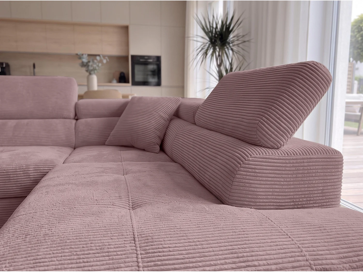 AX LIVING Konak Canapé d’angle convertible droit en velours côtelé rose, 276 cm, coffre de rangement et têtières
