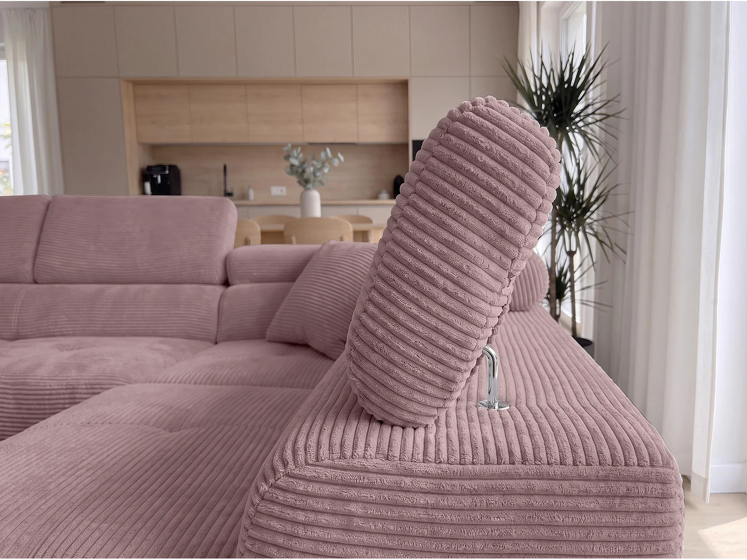 AX LIVING Konak Canapé d’angle convertible droit en velours côtelé rose, 276 cm, coffre de rangement et têtières