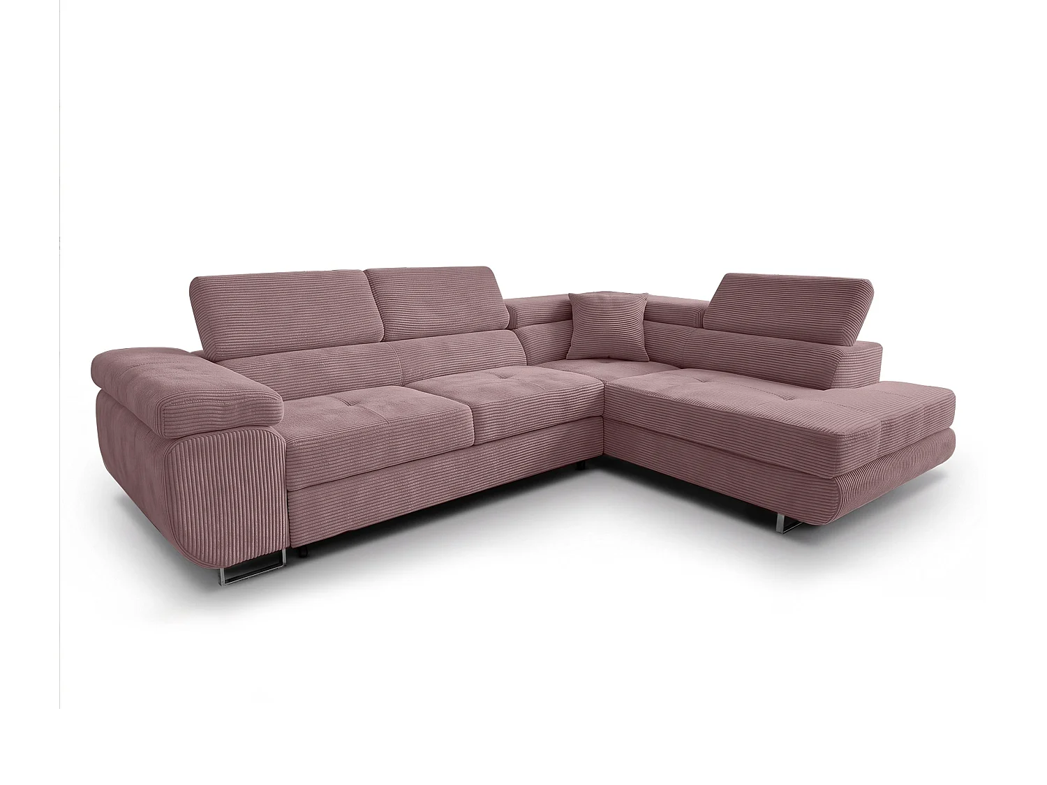 AX LIVING Konak Canapé d’angle convertible droit en velours côtelé rose, 276 cm, coffre de rangement et têtières