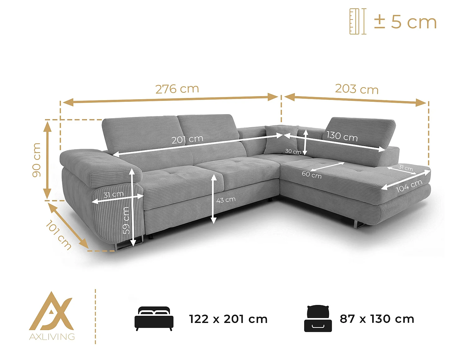 AX LIVING Konak Canapé d’angle convertible droit en velours côtelé rose, 276 cm, coffre de rangement et têtières