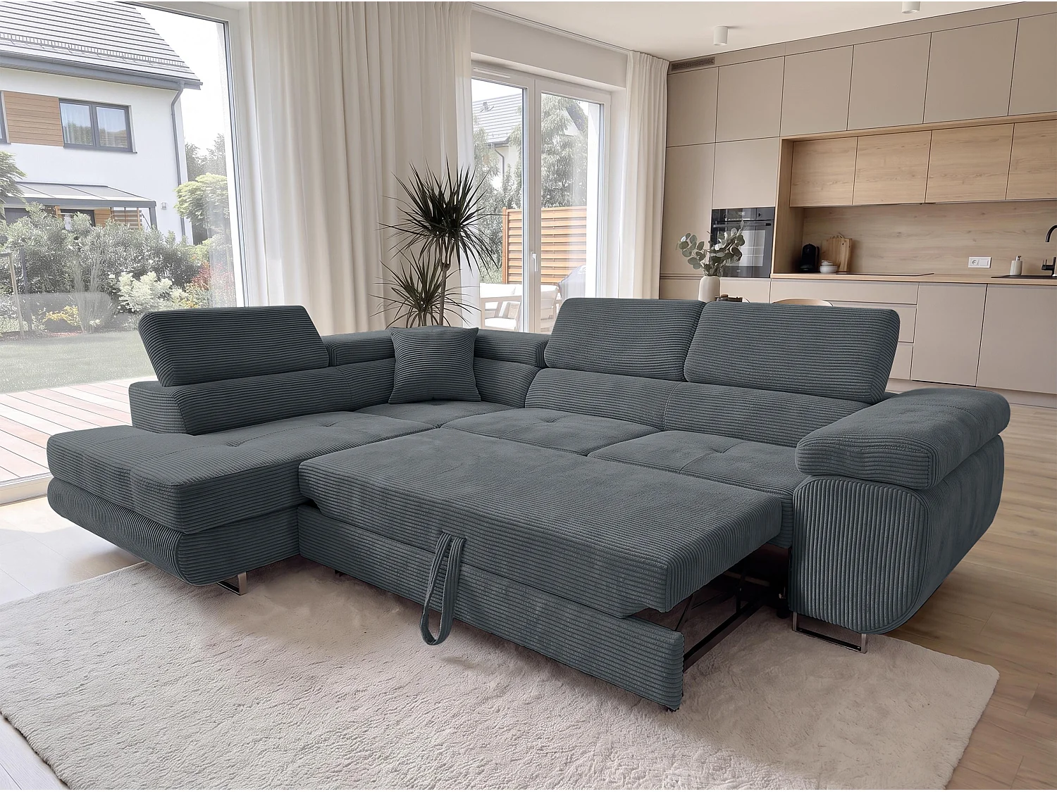 AX LIVING Konak Canapé d’angle convertible gauche en velours côtelé gris foncé, 276 cm, coffre de rangement et têtières