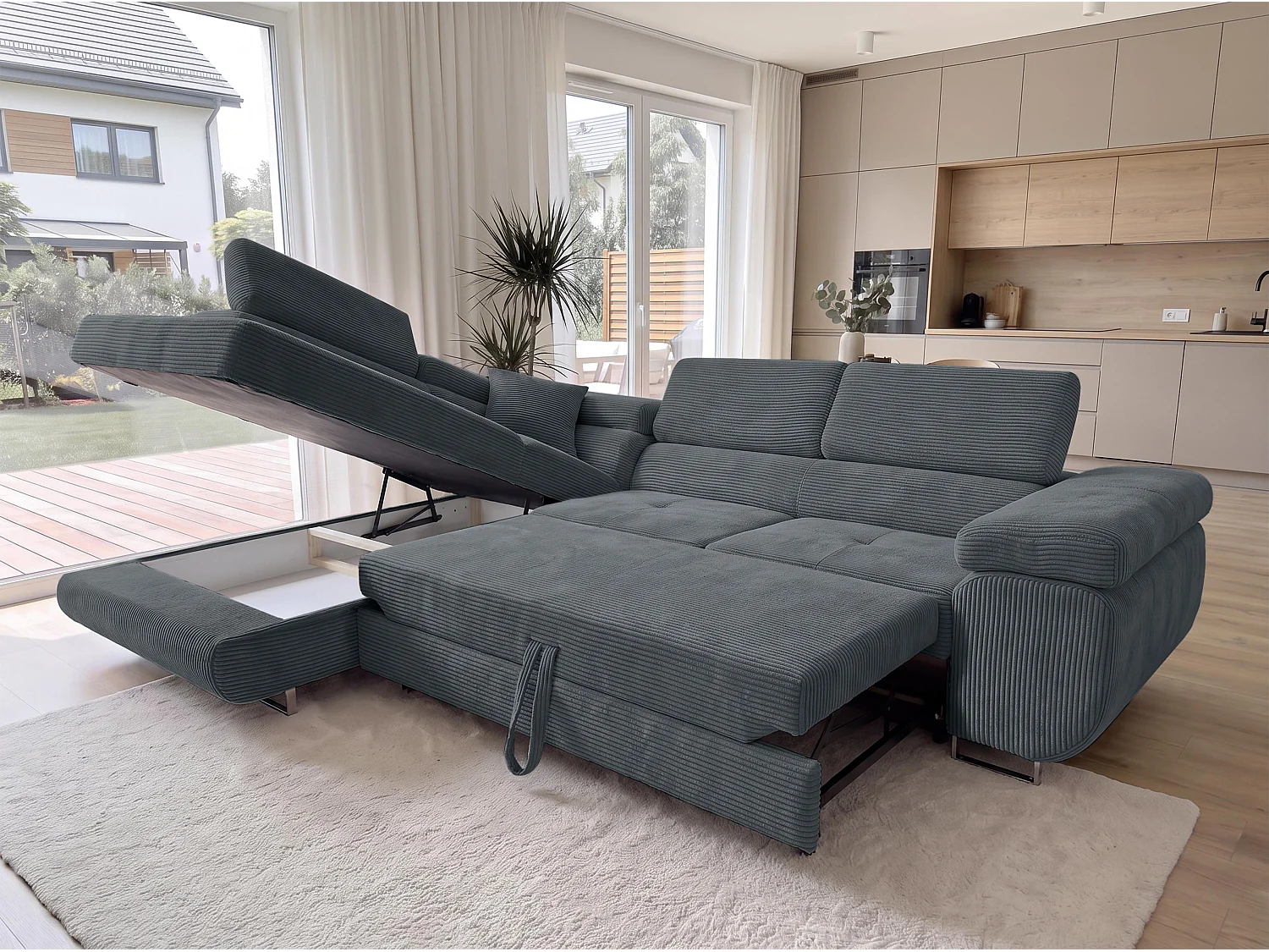 AX LIVING Konak Canapé d’angle convertible gauche en velours côtelé gris foncé, 276 cm, coffre de rangement et têtières