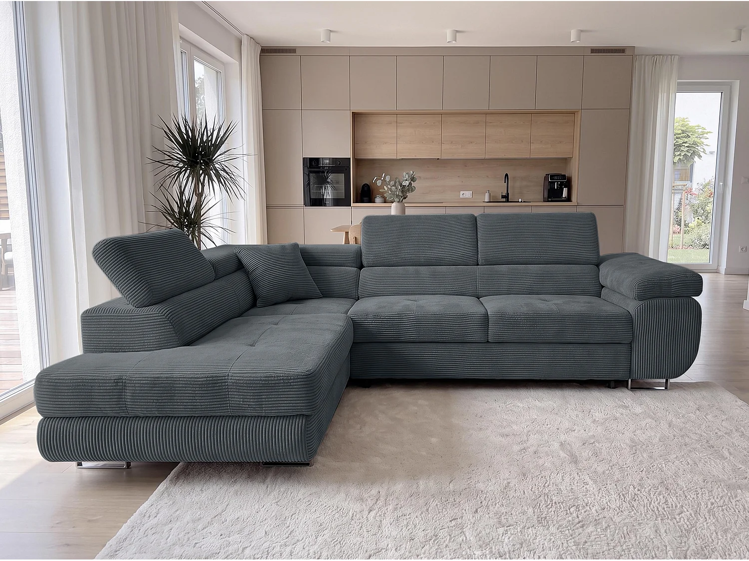 AX LIVING Konak Canapé d’angle convertible gauche en velours côtelé gris foncé, 276 cm, coffre de rangement et têtières