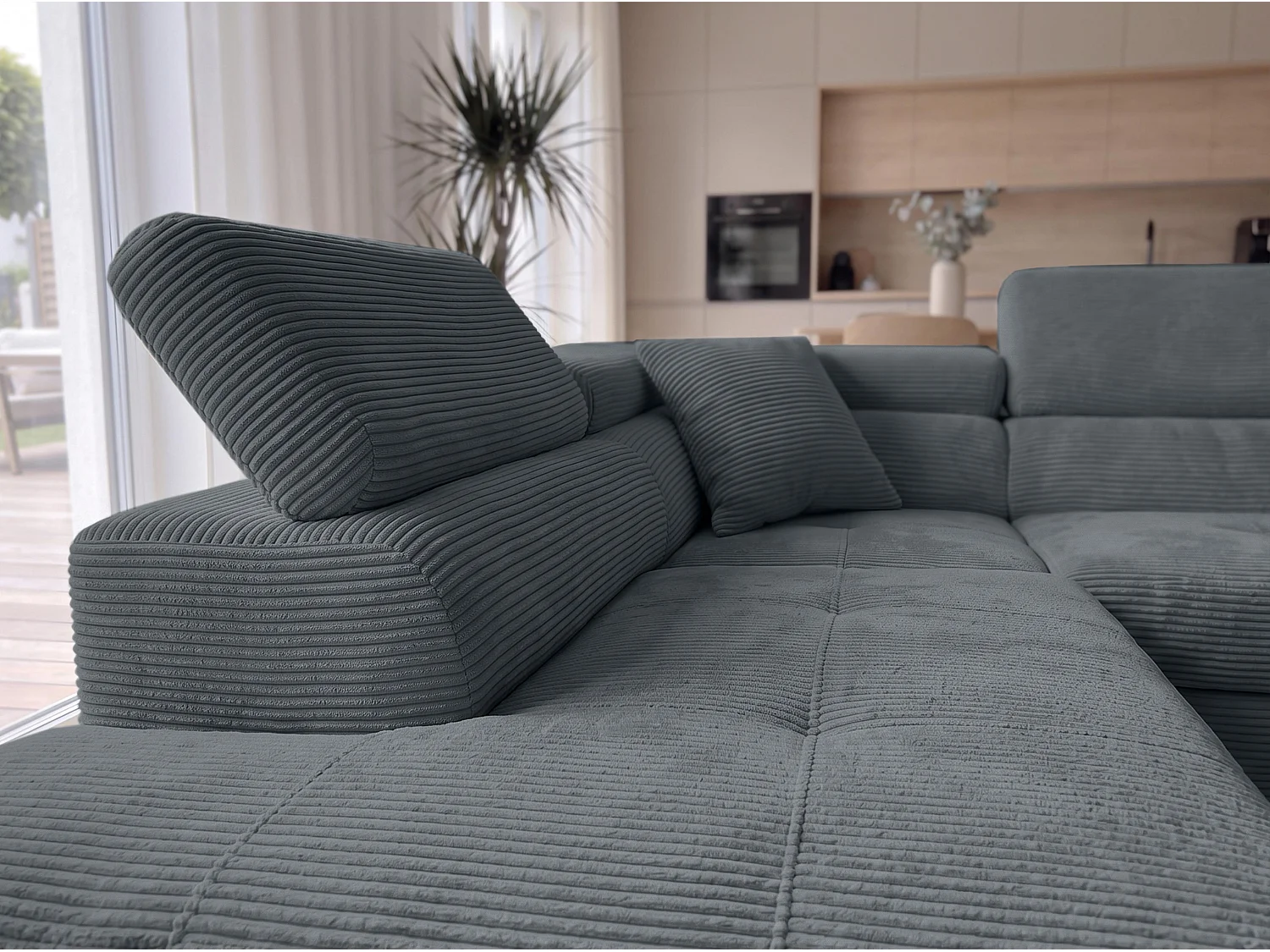 AX LIVING Konak Canapé d’angle convertible gauche en velours côtelé gris foncé, 276 cm, coffre de rangement et têtières