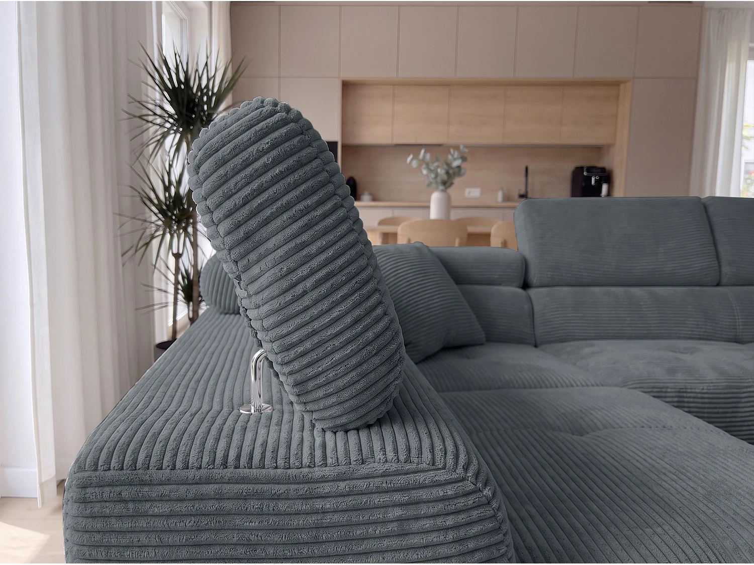 AX LIVING Konak Canapé d’angle convertible gauche en velours côtelé gris foncé, 276 cm, coffre de rangement et têtières