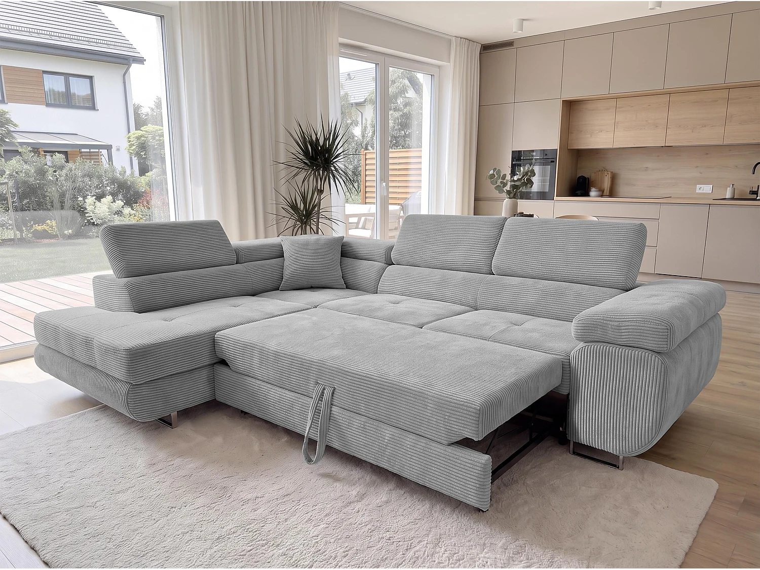 AX LIVING Konak Canapé d’angle convertible gauche en velours côtelé gris clair, 276 cm, coffre de rangement et têtières