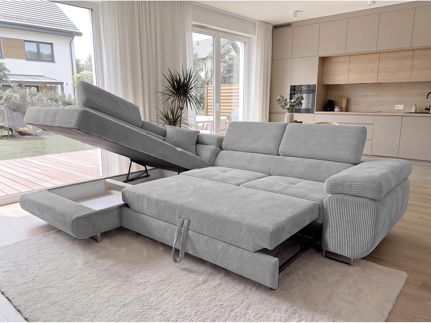AX LIVING Konak Canapé d’angle convertible gauche en velours côtelé gris clair, 276 cm, coffre de rangement et têtières